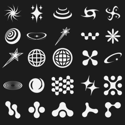 Retro futuristic y2k shapes elements for design. Abstract graphic geometric symbols and objects in y2k style. Hipster graphic objects for logo, notes, posters, banners, sticker, web, business cards