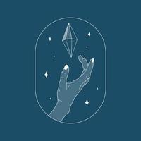 Hand reaching for the crystal gem outline illustration. Magic crystal concept. Modern vector illustration. Transparent line art gem with stars. Minimalistic sticker design for web.