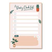 Daily check list planner, note paper, to do list decorated with house plants and botanical illustrations and inspirational quote. School scheduler and organizer. Flat vector