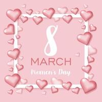 Pink 3D Hearts Greeting card - International Women's Day. 8 March holiday background with 3D frame and pink hearts. Happy Mother's Day. Trendy Design Template. Vector illustration.