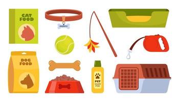 Pet accessories and food set. Dogs and cats supplies, pet shop equipment, toys, home, bowl, cage, scratching post, ball, collar, dog bed. Pet care equipment. Vector illustration.
