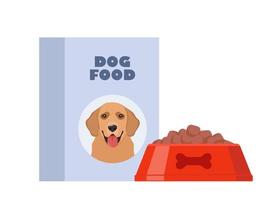Dog food, bag package and full dry food bowl. Pet meal. Vector illustration.