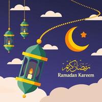 Ramadan kareem background with crescent and lantern vector