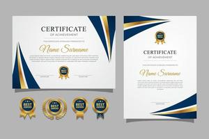 Blue and gold certificate of appreciation border template with luxury badges and modern line pattern. for award, business, and education needs vector