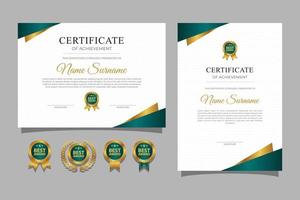 Green and gold certificate with badge and border a4 template vector