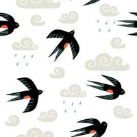 pattern with swallows and clouds in flat style. hand drawn vector illustration.