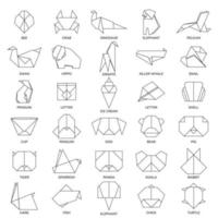 Set of isolated animals, insects, birds and objects in flat style. Outline Origami logo, icons on white background. Vector illustration