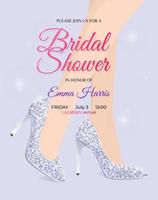 luxurious and elegant Bridal Shower invitation card. Female legs in wedding high heel shoes. Silver Wedding stiletto heels with flares. Vector illustration