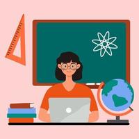 The teacher is in the classroom. Vector illustration of school themes. Character of a teacher in flat style. Globe and books on the table. Pink isolated background.