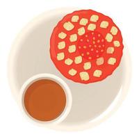 Strawberry pie icon isometric vector. Bright fresh berry pie and cup of cocoa vector