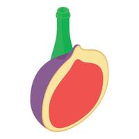 Fig drink icon isometric vector. Ripe fresh fig half and open glass bottle icon vector