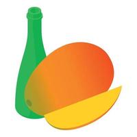 Mango drink icon isometric vector. Ripe fresh mango and open glass bottle icon vector