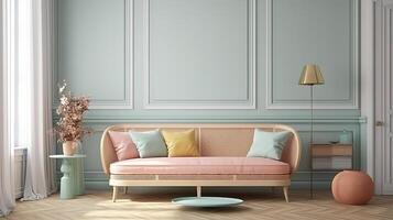 Vintage room in light pastel colors with modern sofa and rattan table. photo