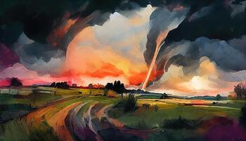 A dramatic storm at sunset producing a powerful tornado twisting through the countryside with sheet lightning. photo