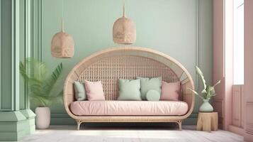 Vintage room in light pastel colors with modern sofa and rattan table. photo
