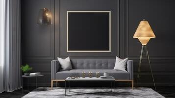 Frame mockup in modern dark home interior with grey sofa. photo
