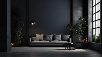 Modern dark home interior background, wall mock up, 3d render, Bright color. photo