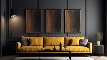Frame mockup in modern dark home interior with grey sofa. photo