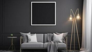 Picture frame mockup hanging in a modern living room. photo