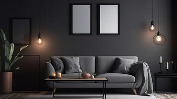 Picture frame mockup hanging in a modern living room. photo