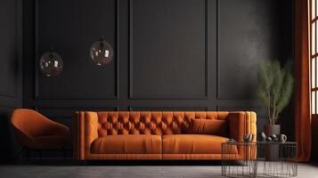 Contemporary interior with modern orange sofa, room in grey tones. photo