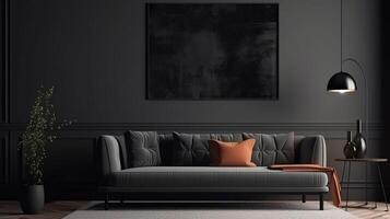 Frame mockup in modern dark home interior with grey sofa. photo