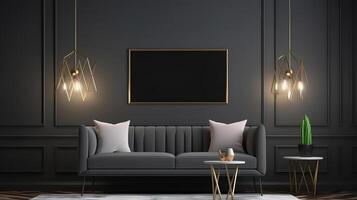 Picture frame mockup hanging in a modern living room. photo