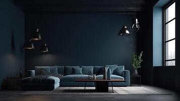 Modern dark home interior background, wall mock up, 3d render, Bright color. photo