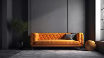 Contemporary interior with modern orange sofa, room in grey tones. photo