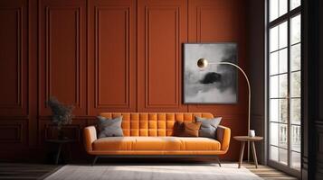 Contemporary interior with modern orange sofa, room in grey tones. photo