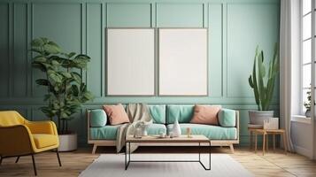 Poster frame mock-up in home interior background with armchair. photo