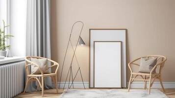 Mock up poster frame in modern beige home interior. photo
