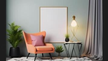 Poster frame mock-up in home interior background with armchair. photo