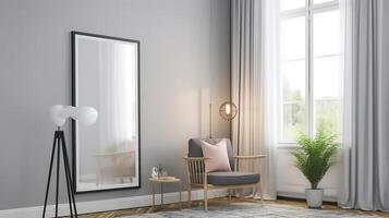Mockup frame in Scandinavian living room interior, 3d render. photo