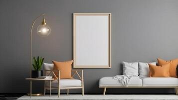 Poster frame mock-up in home interior background with sofa. photo