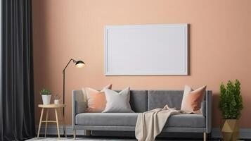 Interior of a minimalist living room in flat single pastel dark red. photo