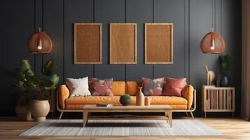 Poster frame mock-up in home interior background with sofa. photo