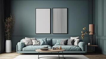 Interior of a minimalist living room in flat single pastel dark red. photo