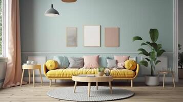 Mockup frame in Scandinavian living room interior, 3d render. photo