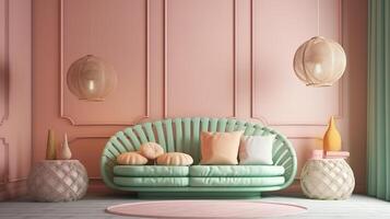 Vintage room in light pastel colors with modern sofa and rattan table. photo