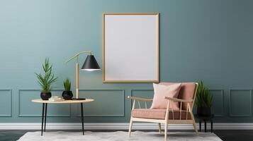 Table and decor in living room, 3d render. photo