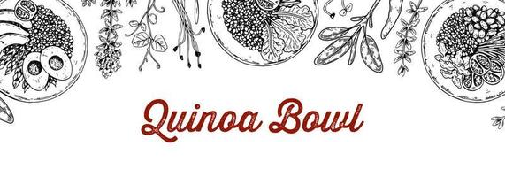 Quinoa bowl background. Hand drawn vector illustration in sketch style. Restaurant menu design