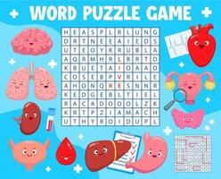 Word search puzzle game with cartoon body organs vector