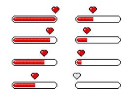 Pixel heart loading bars, 8 bit video game icons vector