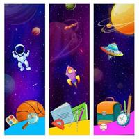 School banners with stationery, space planets, UFO vector