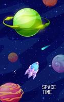 Spaceship between galaxy space planets and stars vector