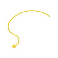 Yellow vector arrow on a white background. Vector curved pointer doodle line.