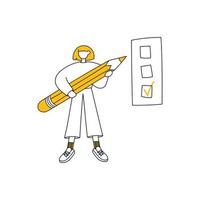 Vector drawing of a girl isolated on a white background with a list. The student is holding a huge pencil in her hands.