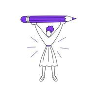 Vector drawing of a girl isolated on a white background. The student is holding a huge pencil in her hands.