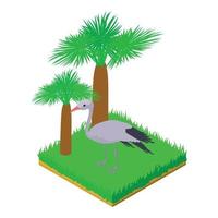 Heron bird icon isometric vector. White wild heron bird standing in green grass vector